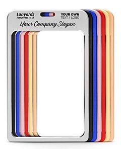 Metal A7 badge ID holder colour range with a customisable option for a single-colour printed design