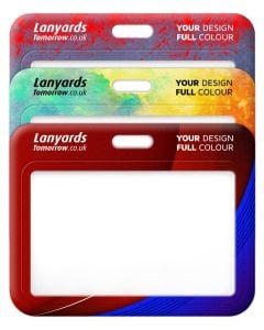 Horizontal plastic ID badge holder with custom full-colour printing. Personalised with text or design of your choice